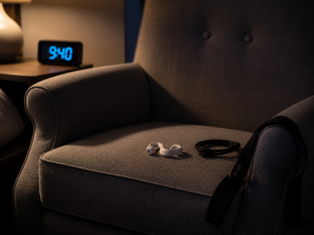 A photorealistic close-up of an empty upholstered armchair in a dim bedroom corner at…