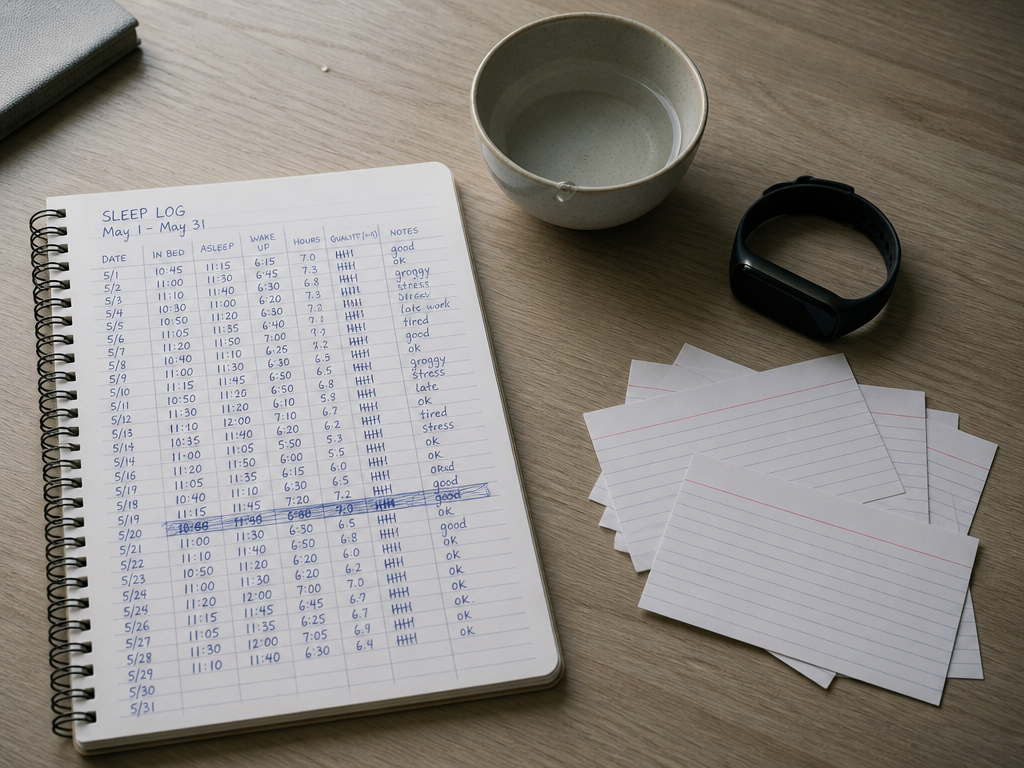 A photorealistic overhead flat-lay on a pale oak desk of a handwritten sleep log…