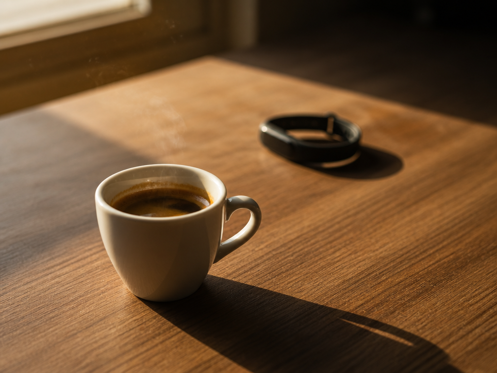 A photorealistic still life of a small white ceramic demitasse of double espresso on…