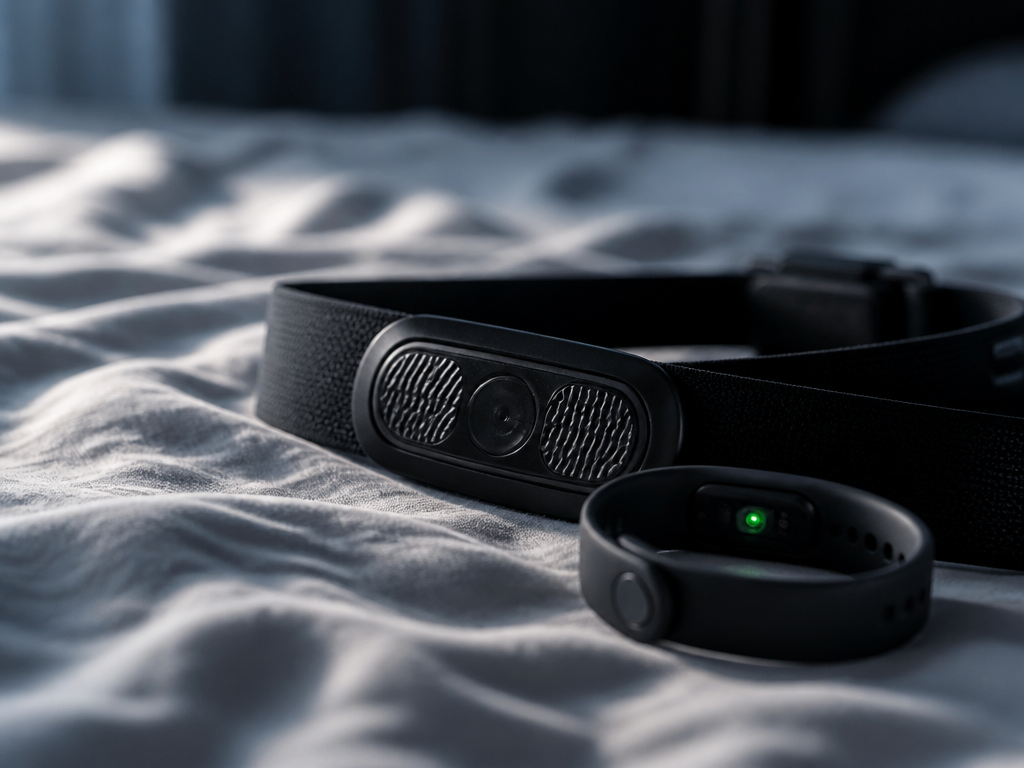 A macro photograph of a black chest-strap heart rate sensor and a slim screenless…