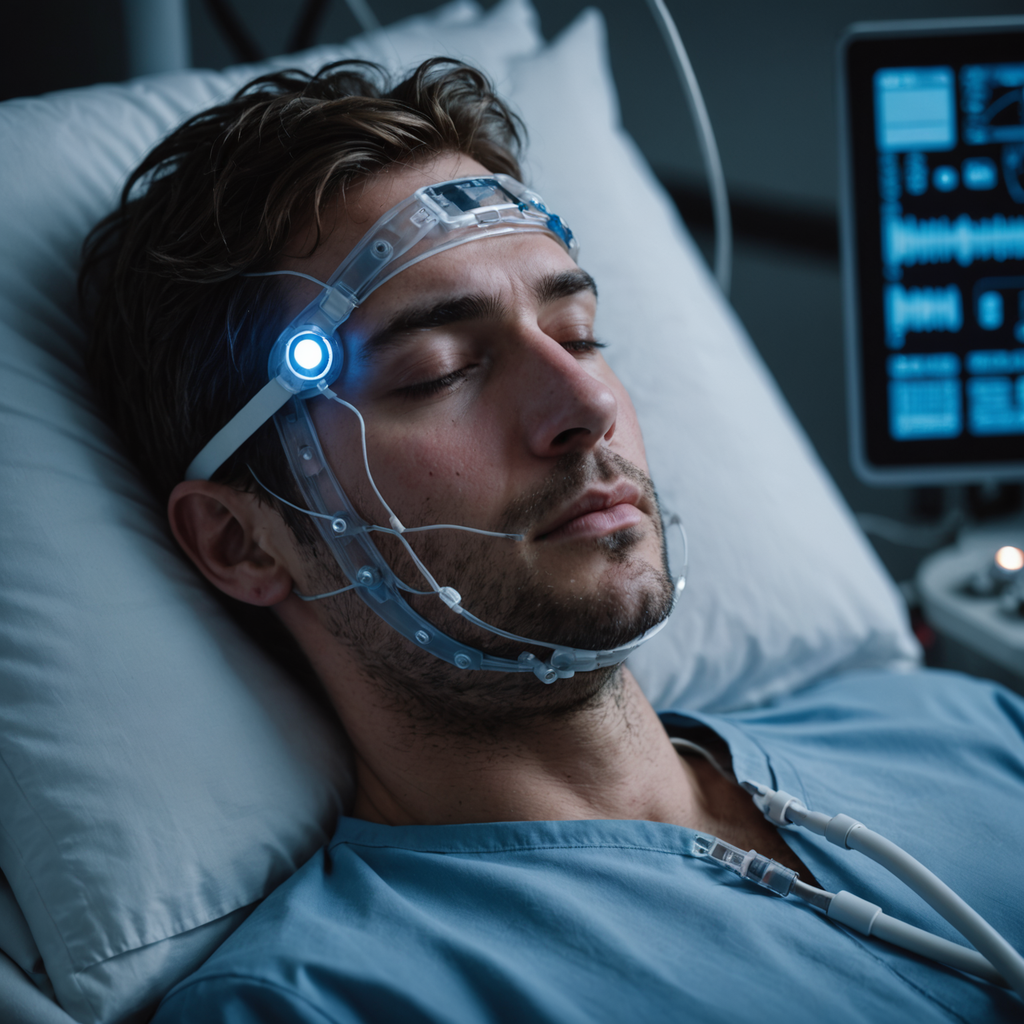 A close-up photorealistic shot of a sleep study patient lying on a clinical bed…