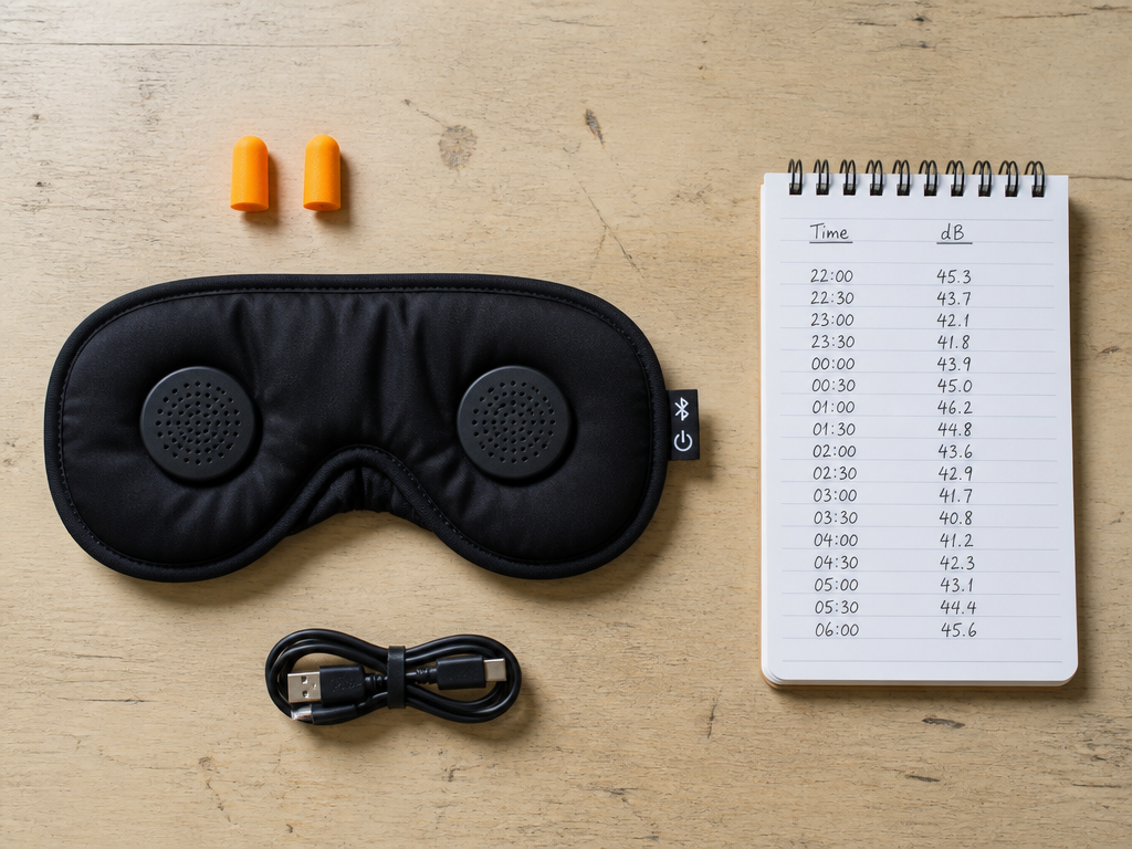 Photorealistic overhead flat-lay product photograph on a scuffed pale-wood desk surface, shot from directly…