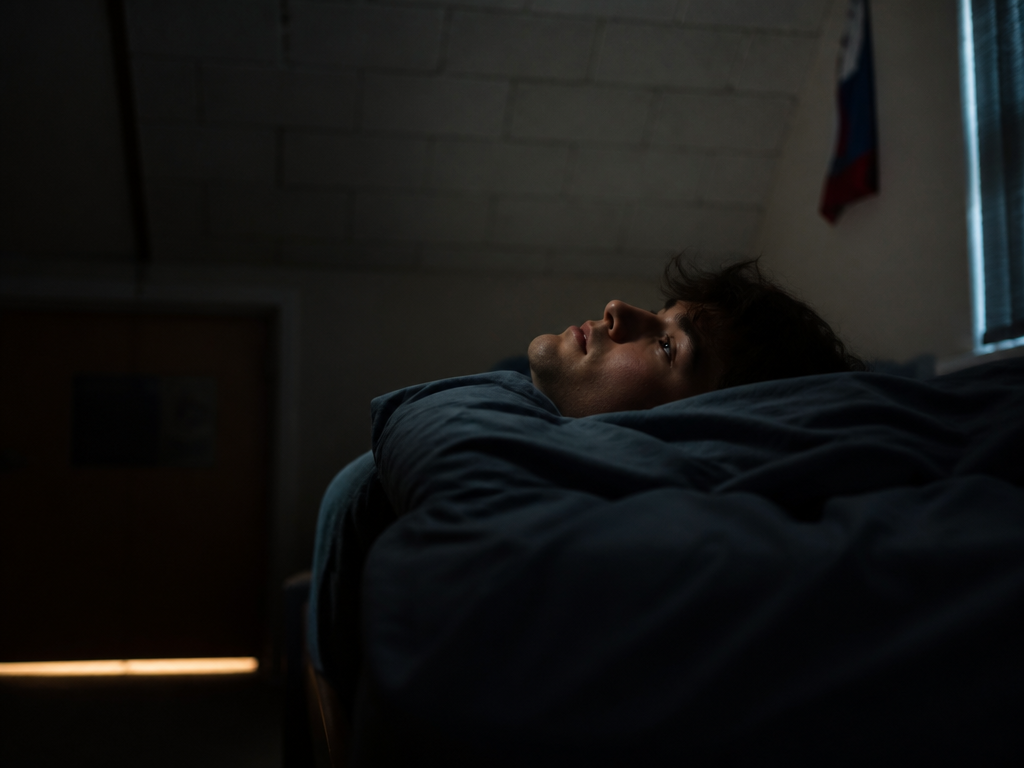 Photorealistic environmental portrait of a young adult lying awake on their back in a…
