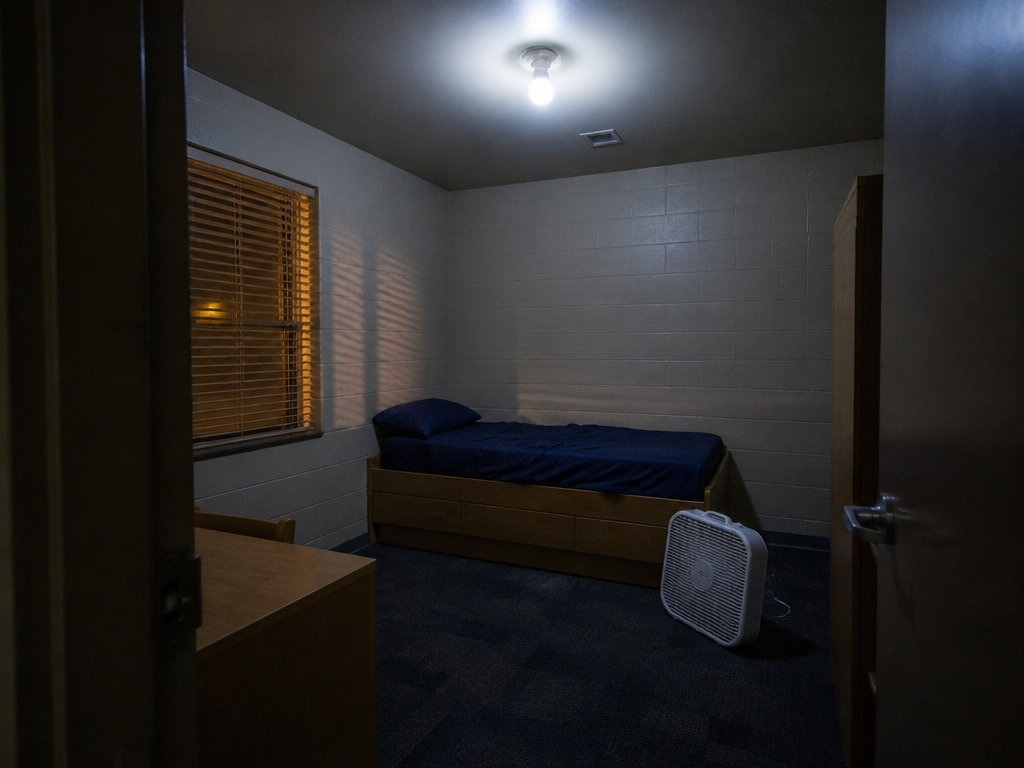 Photorealistic interior photograph of a small cinder-block dormitory room at night, shot from the…