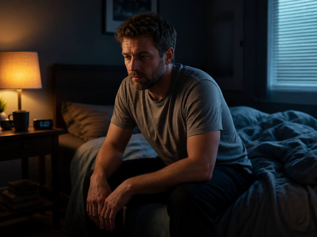 A photorealistic environmental portrait of a person sitting on the edge of a bed…
