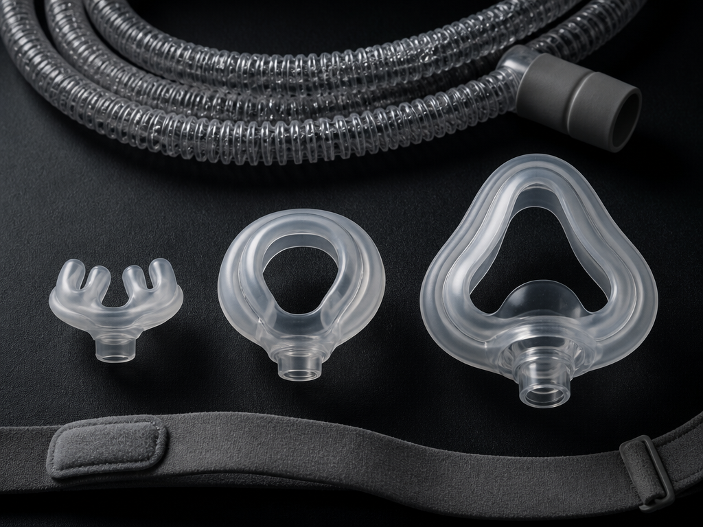 An overhead still-life photograph on a matte charcoal surface, no people present: three CPAP…