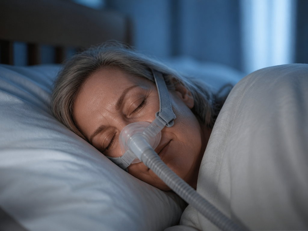A photorealistic close-up portrait of a woman in her fifties lying on her side…