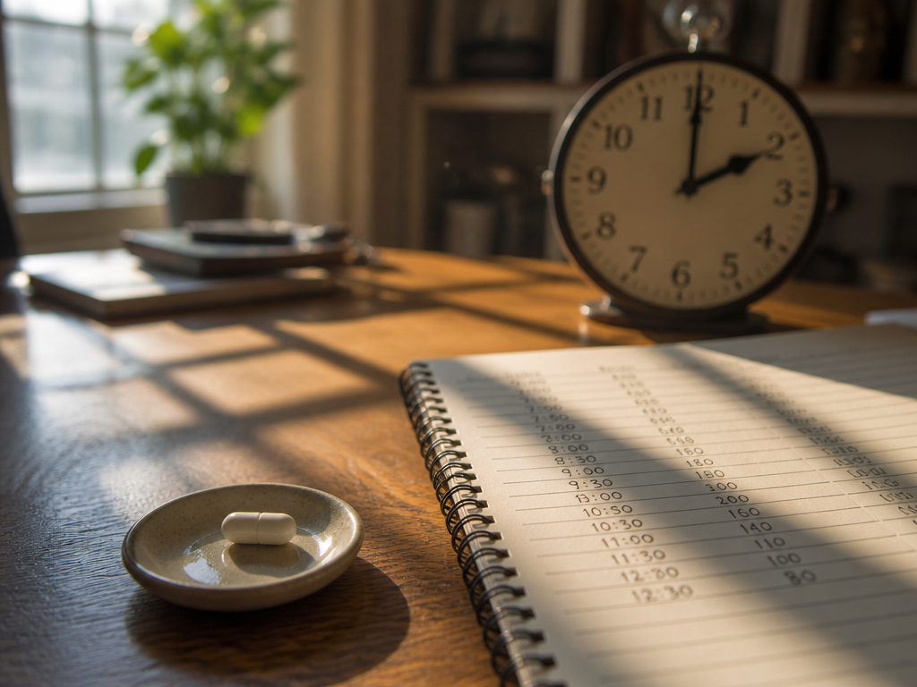 A photorealistic interior photograph of a home office at 2 p.m.: a single white…
