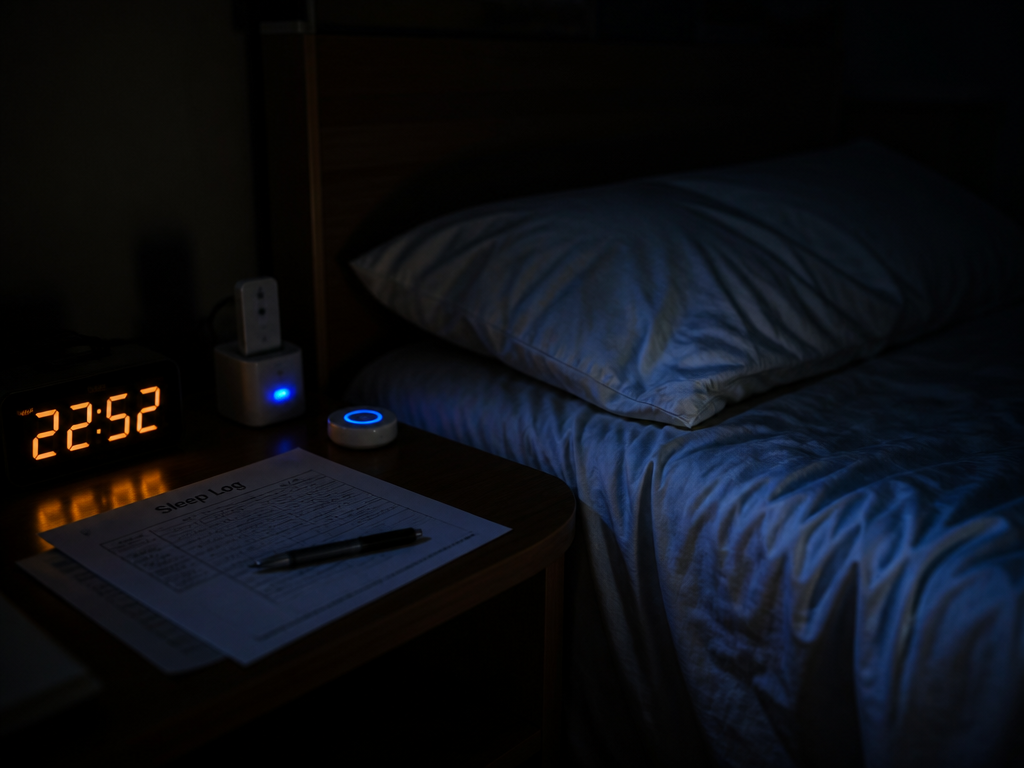 A photorealistic nighttime bedroom photograph taken from a low bedside angle: rumpled white sheets…