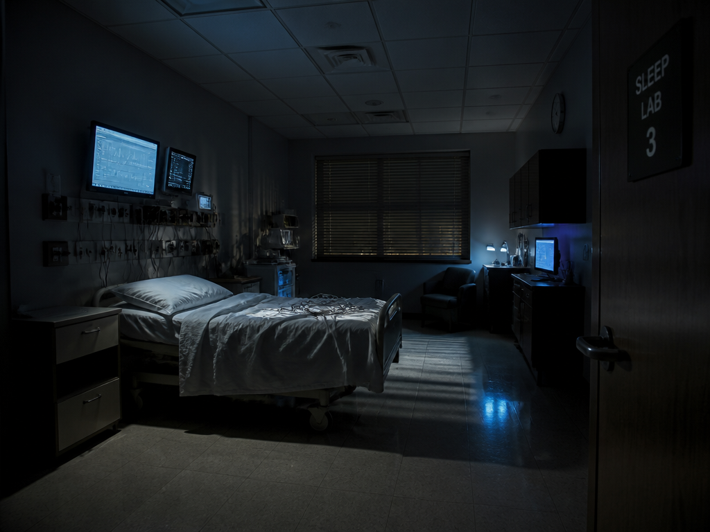 A hospital sleep laboratory at 3 a.m., empty bed with rumpled white sheets and…