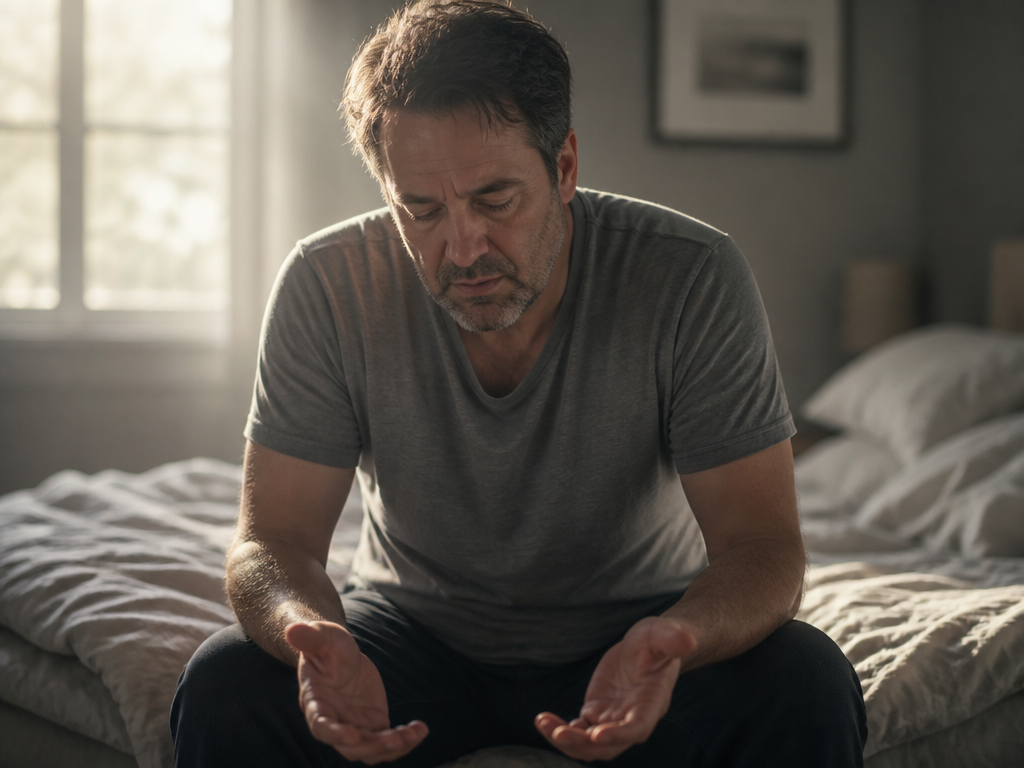 A middle-aged man in a plain grey t-shirt sitting on the edge of an…