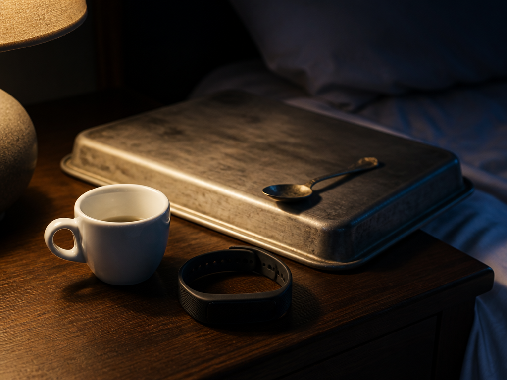 A close-up photorealistic still life shot at night on a dark walnut nightstand: a…