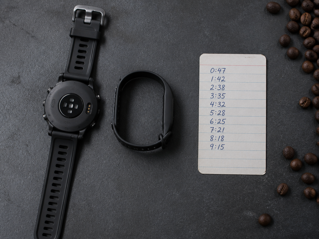 Photorealistic overhead flat lay on dark slate, a modern GPS running watch face-down beside…