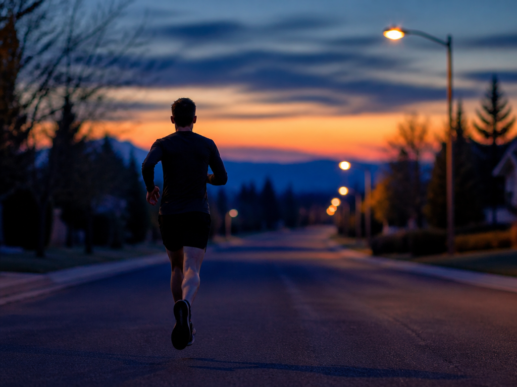 A lone runner photographed from behind on an empty suburban road at dusk, arms…