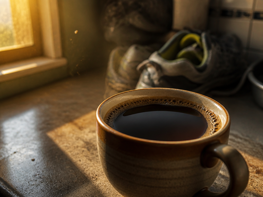 A close-up photorealistic still life on a worn kitchen counter at 4:45pm, a half-finished…