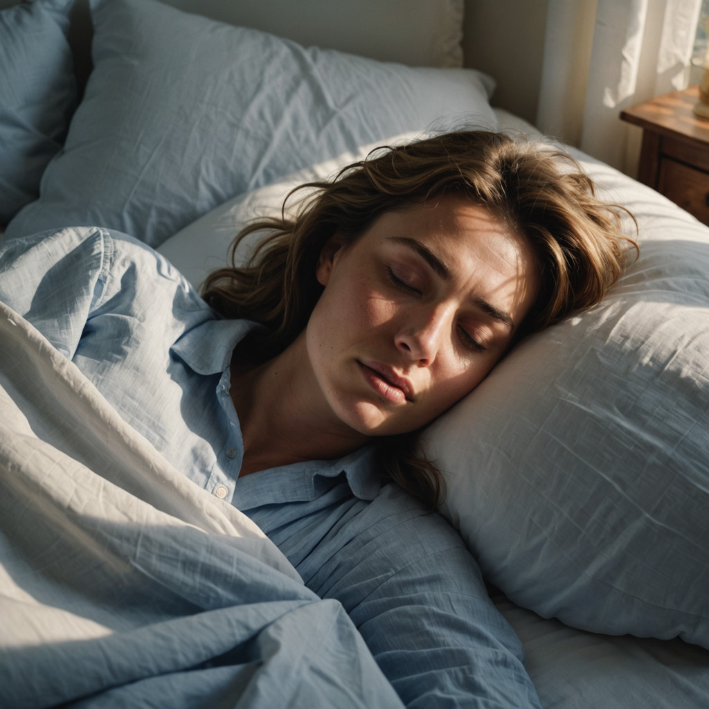 A photorealistic overhead shot of a woman lying in a rumpled bed in late…