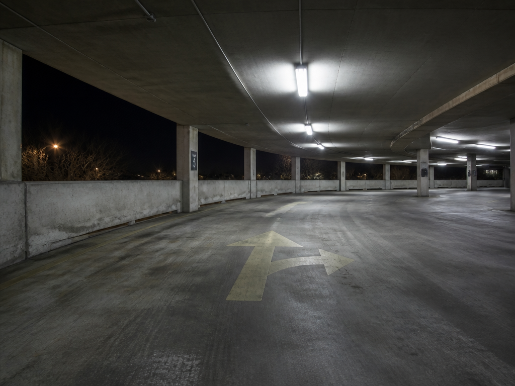 A photorealistic wide-angle night photograph of an empty concrete parking structure, taken from the…
