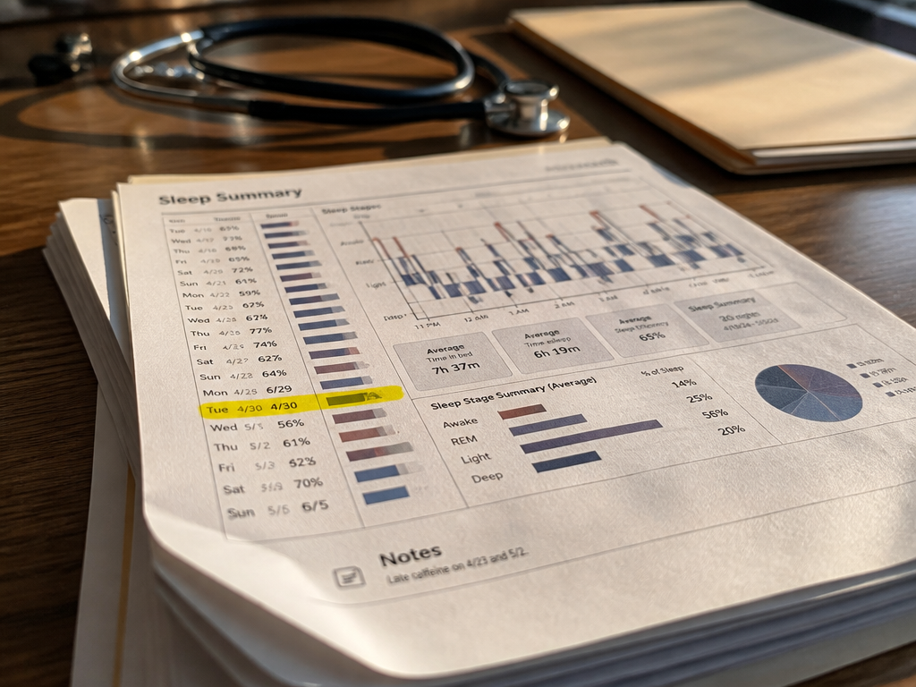 A close, photorealistic macro photograph of a stack of home-printed sleep-tracking reports resting on…