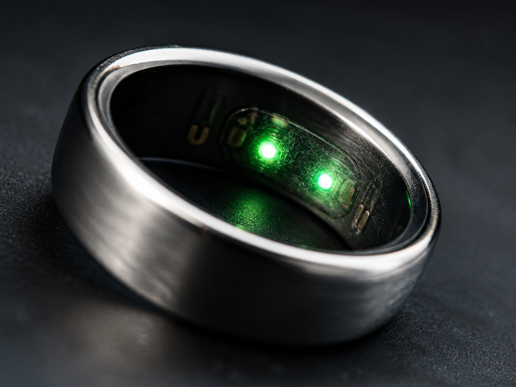 Extreme macro photograph of a titanium smart ring resting on its side atop a…