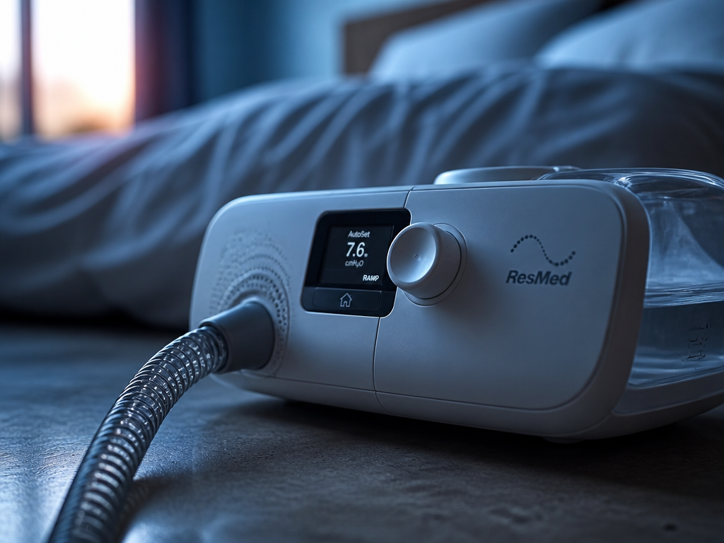 A tight macro photograph of a modern CPAP machine sitting alone on a polished…
