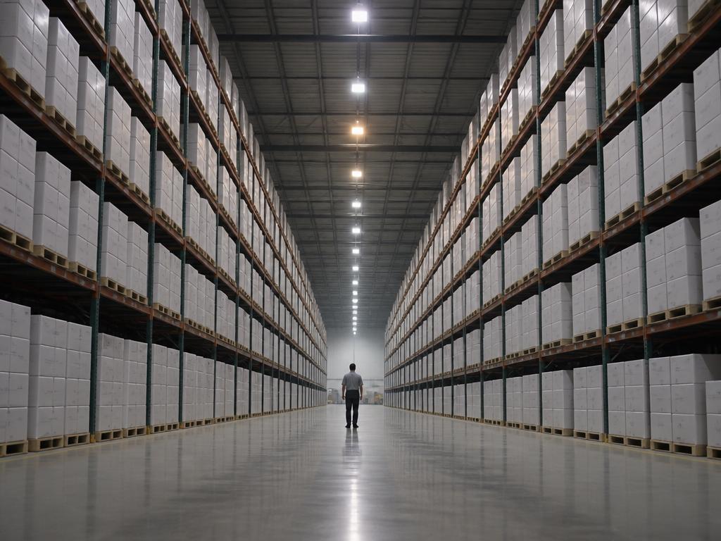 A wide, low-angle photograph inside a cavernous medical equipment distribution warehouse, endless steel racking…