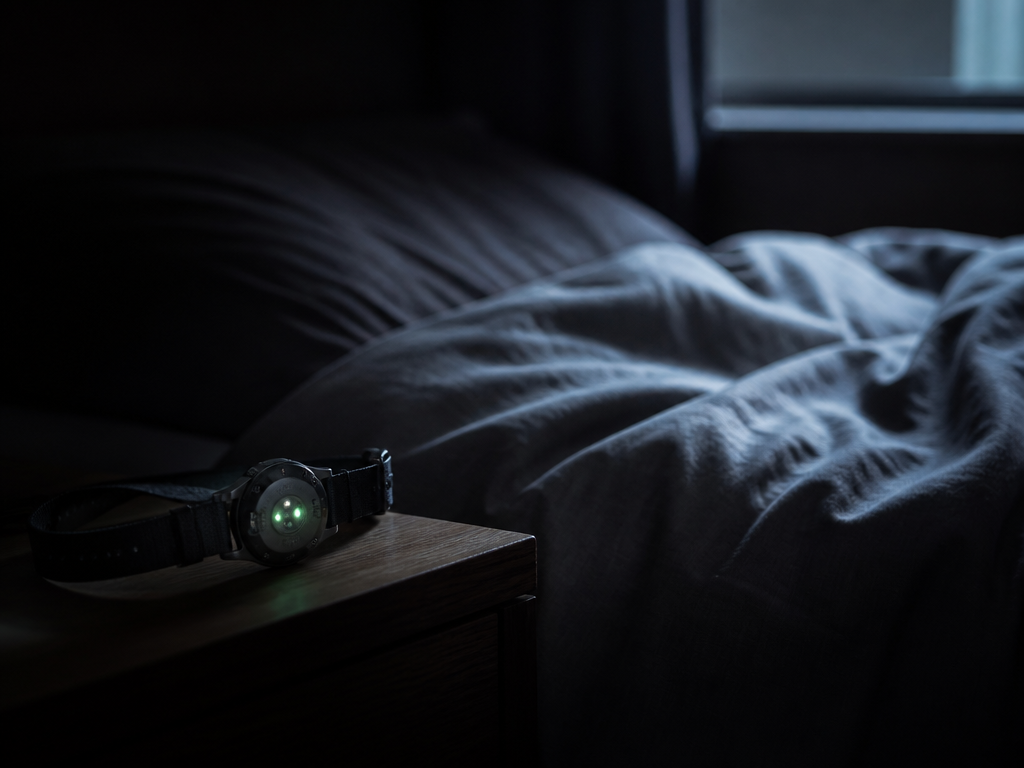 A dim bedroom before dawn, empty rumpled linen sheets in soft grey-blue light, a…