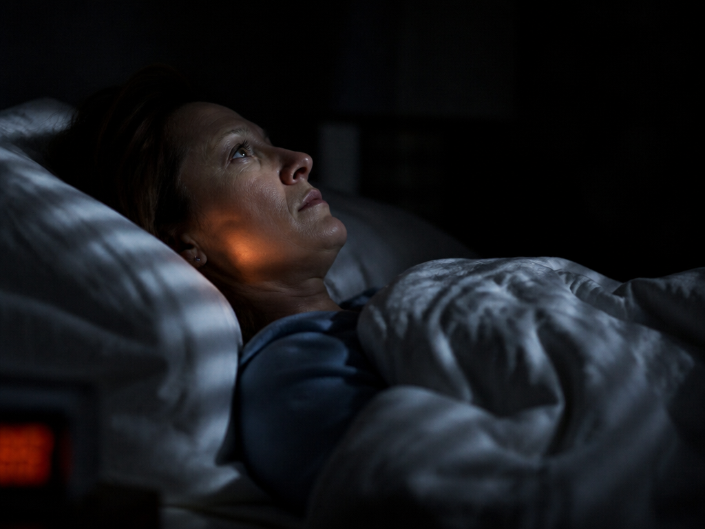 A photorealistic nighttime portrait of a person in their forties lying awake on their…