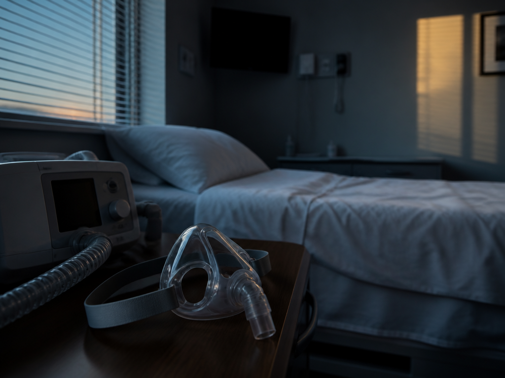 Photorealistic editorial photograph of an empty sleep laboratory bedroom at dawn, shot on a…