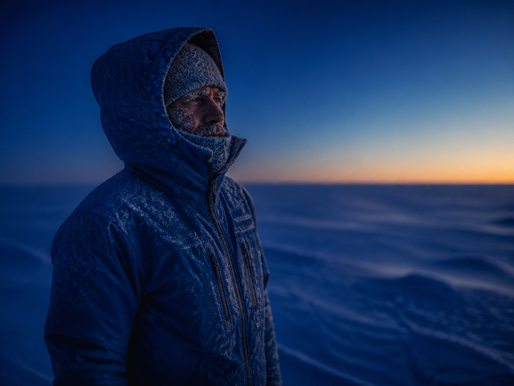 A lone ski mountaineer standing on a wind-scoured snow ridge in blue pre-dawn twilight…