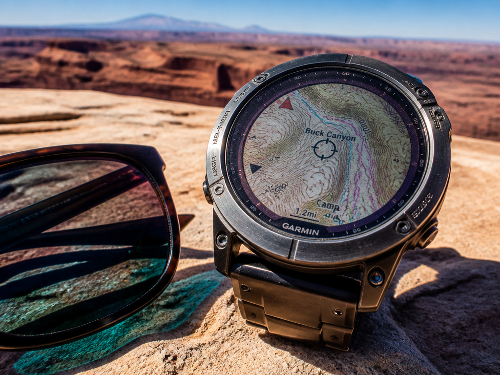 A close overhead shot of a titanium mountaineering watch resting on pale sun-bleached slickrock…
