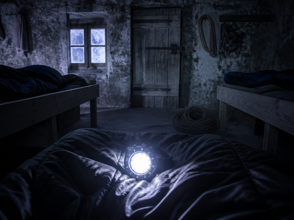 A dark stone mountain hut interior at 2:40 AM, two wooden bunks four feet…