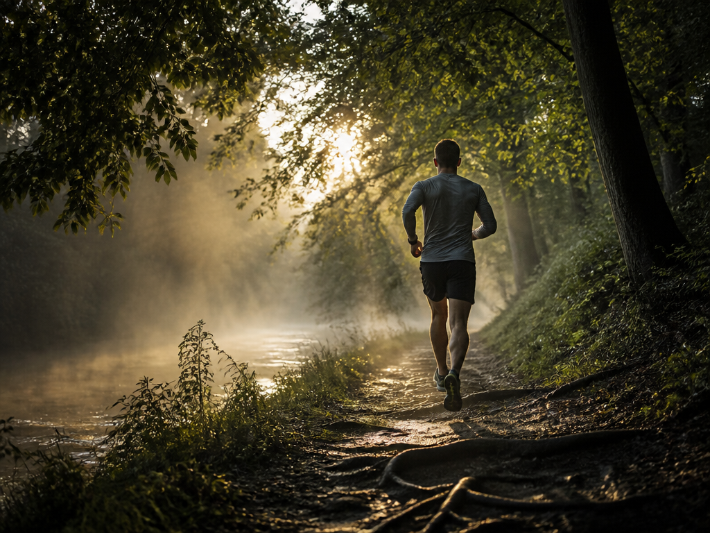 A photorealistic dawn scene on a narrow riverside trail under a dense canopy of…