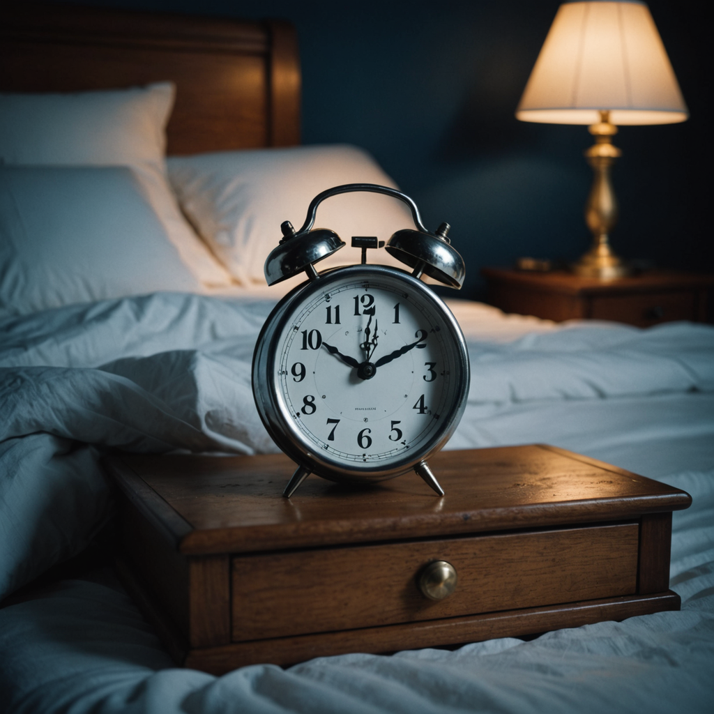 A close-up photograph of a vintage analog alarm clock on a wooden nightstand reading…