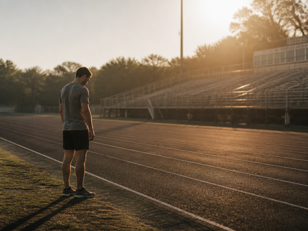 A photorealistic wide environmental portrait of a lone runner in their late thirties standing…