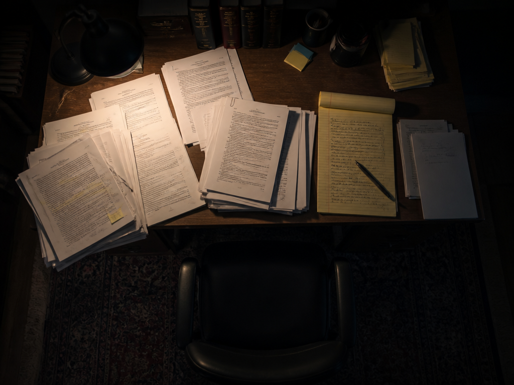 A wide overhead shot of a wooden desk in a dim home office at…