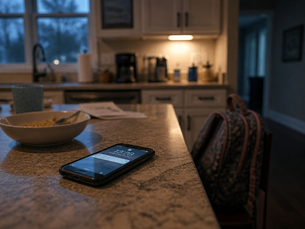 A cluttered suburban kitchen counter at 6:40 in the morning, photographed at eye level…