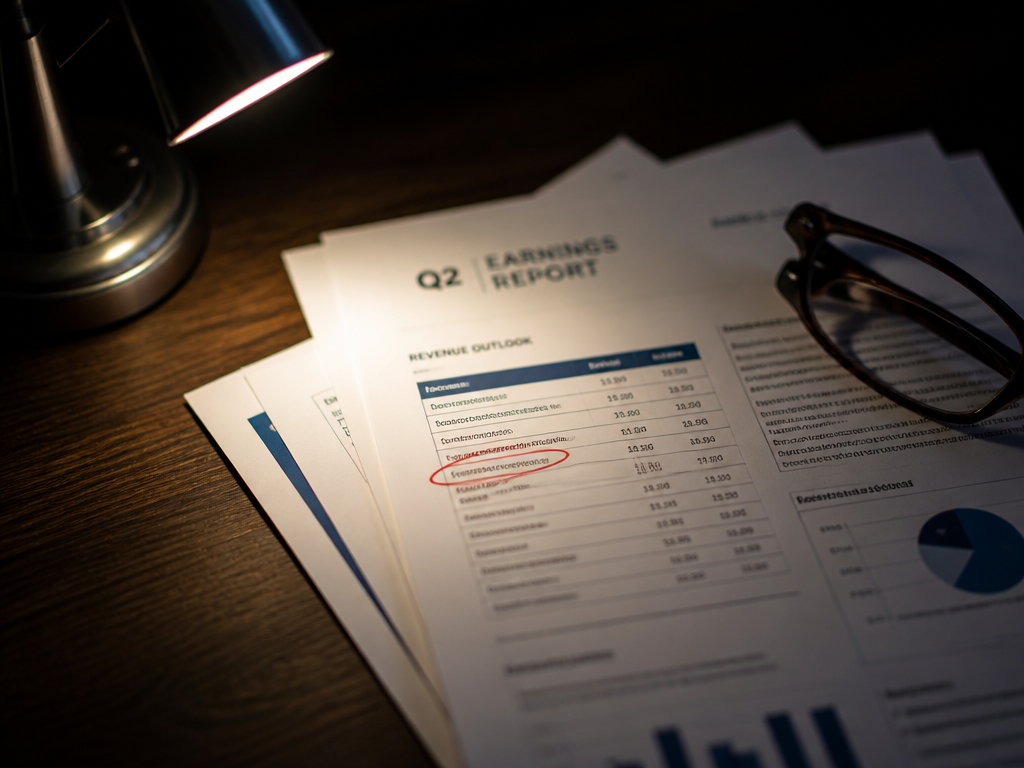 A photorealistic close-up of a printed quarterly earnings report lying on a dark walnut…