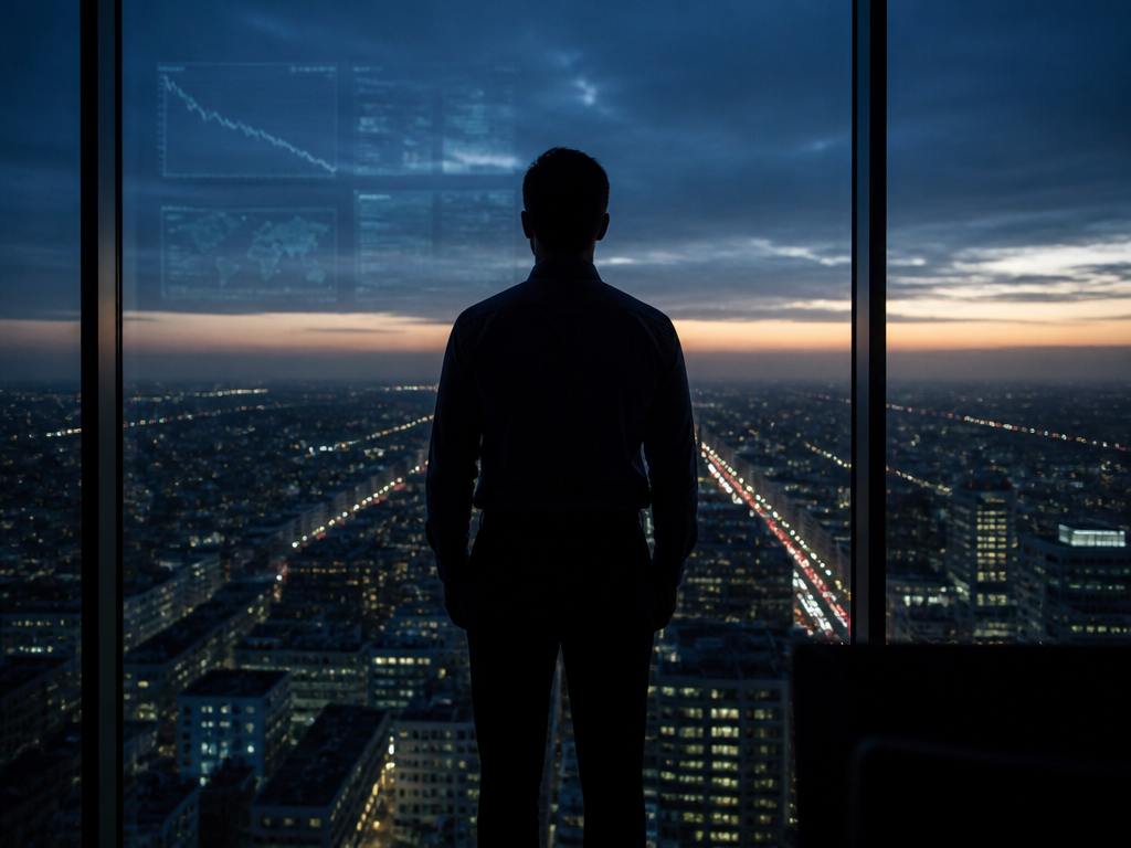 A photorealistic wide shot of a lone analyst standing at a floor-to-ceiling office window…