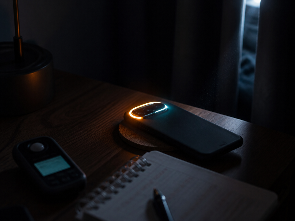 A macro-detail bedside still life shot at night: a matte black smartphone lying face-down…