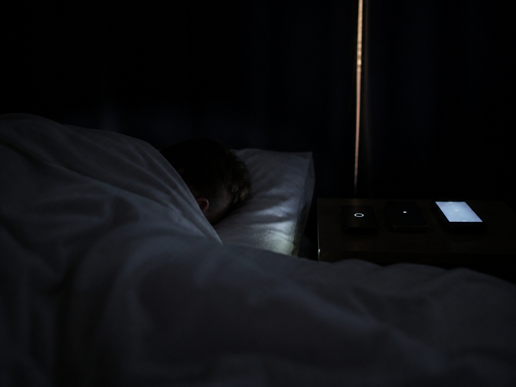 A wide, quiet bedroom interior photographed from the foot of the bed in near-darkness…
