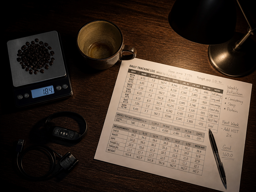 An overhead flat-lay on a dark walnut desk at night: a small digital scale…