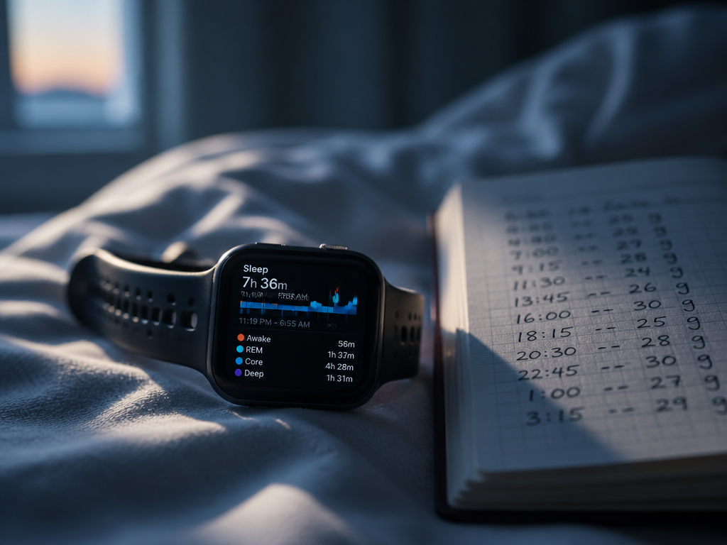 A macro photograph of a smartwatch resting face-up on a rumpled white bedsheet at…