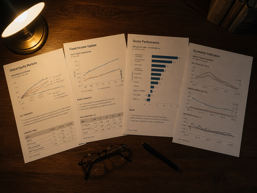 A photorealistic overhead photograph of a financial analyst's desk at night, four printed market…