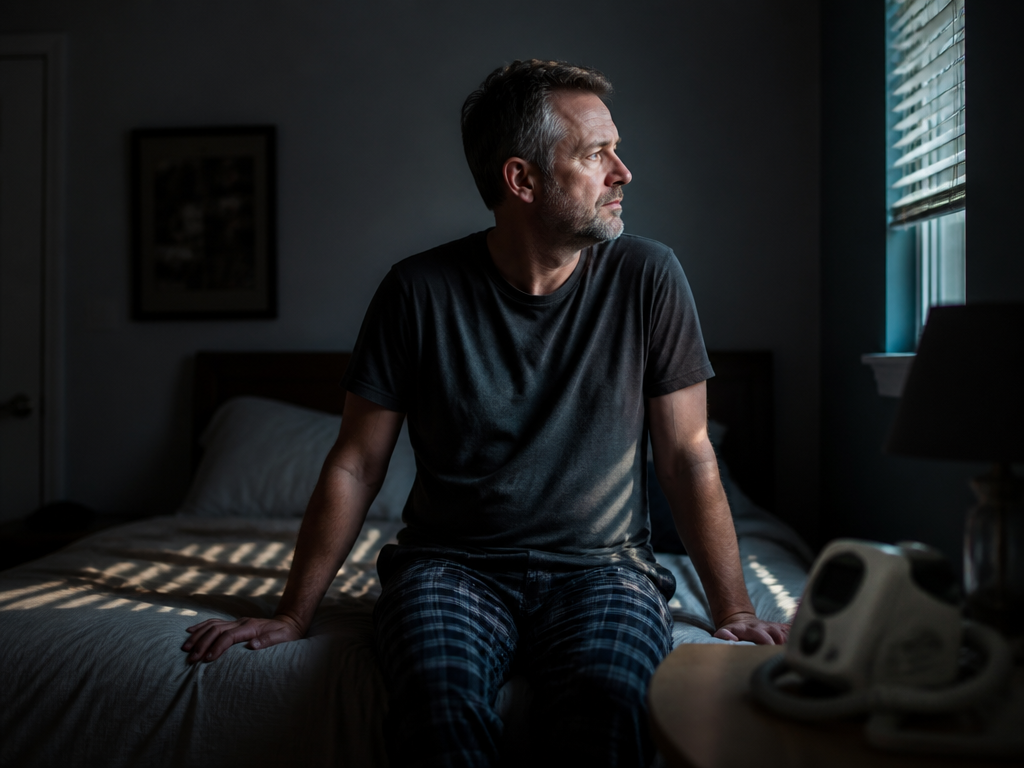A photorealistic environmental portrait of a middle-aged person seated alone on the edge of…