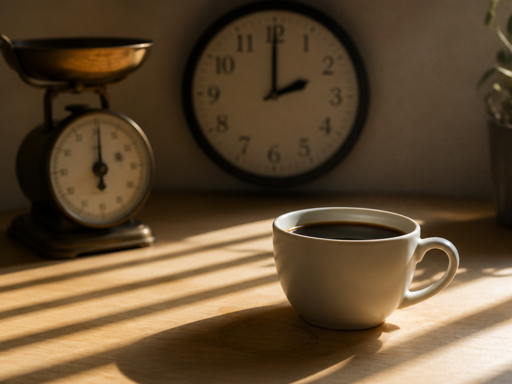 A cooling white ceramic cup of black coffee sitting alone on a pale oak…