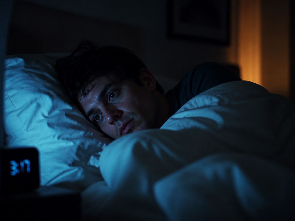 A person lying awake on their side in a dim bedroom at 3 a.m…