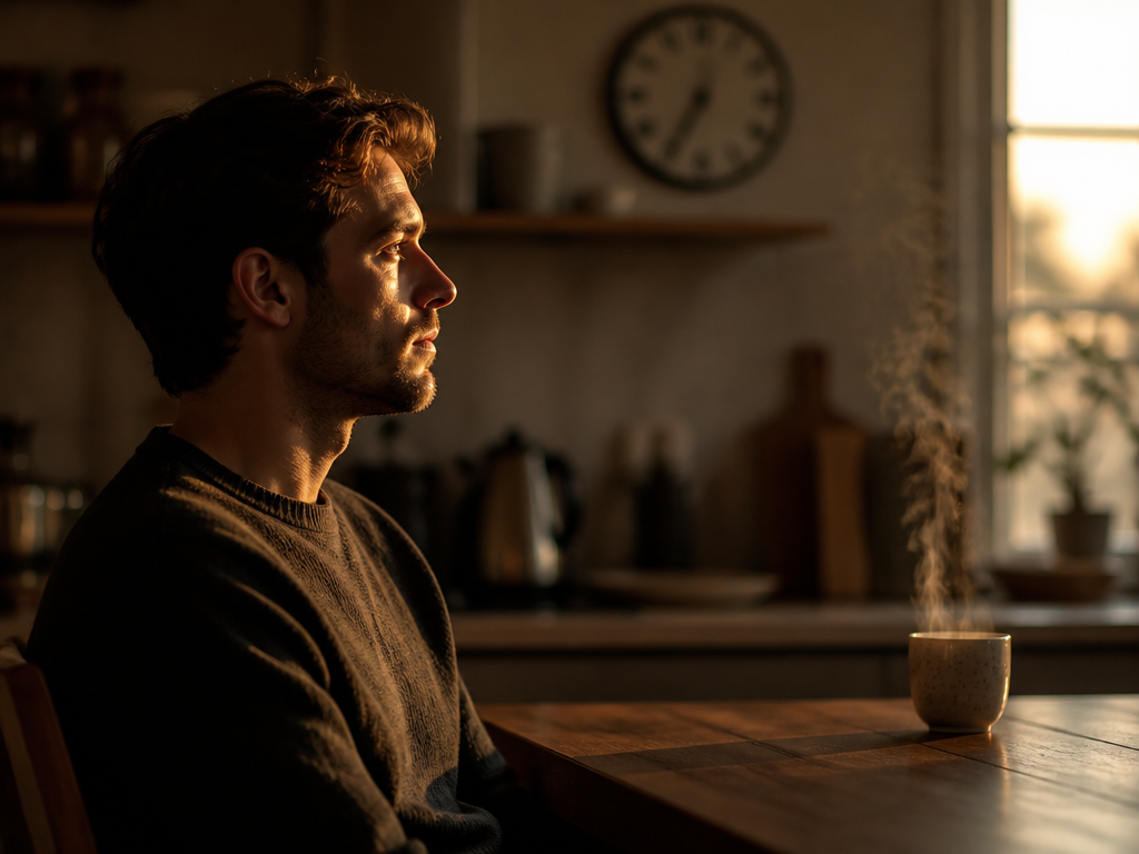 A photorealistic side-profile portrait of a person sitting at a kitchen table in late-afternoon…