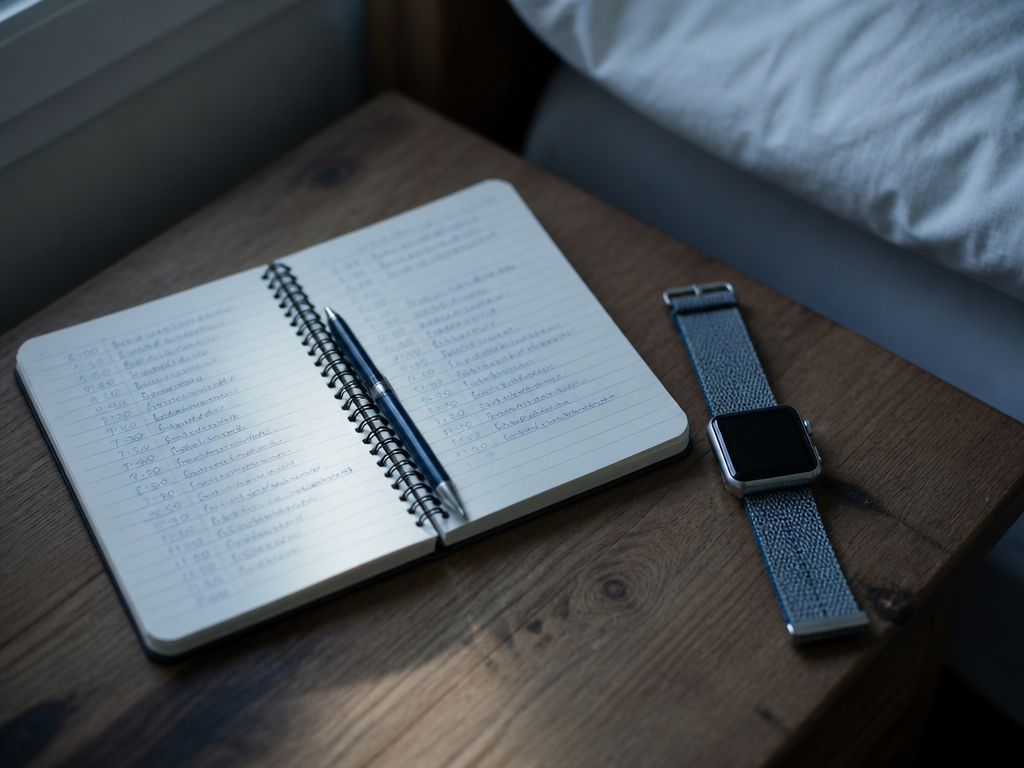 A photorealistic overhead close-up of a wooden nightstand at dawn, shot on a 50mm…