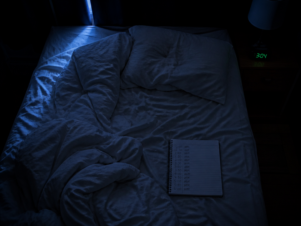 A photorealistic overhead night scene of an unmade bed in a dim bedroom, rumpled…