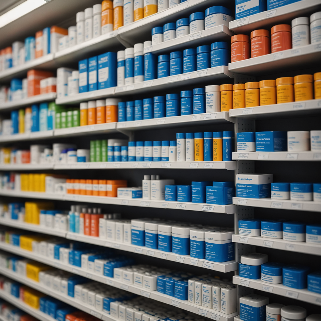 A close-up macro photograph of a drugstore pharmacy shelf displaying various snoring remedies, including…